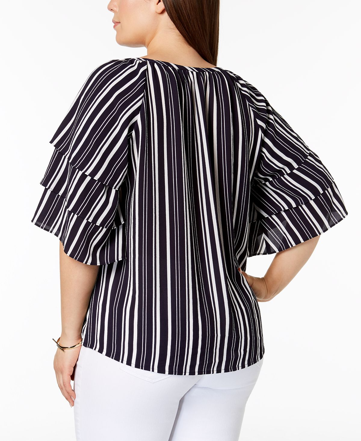 Charter Club Women's Striped Tiered Sleeve Top Blue Size 4X