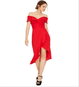 XSCAPE Women's Off the Shoulder MIDI Dress Red Size 8