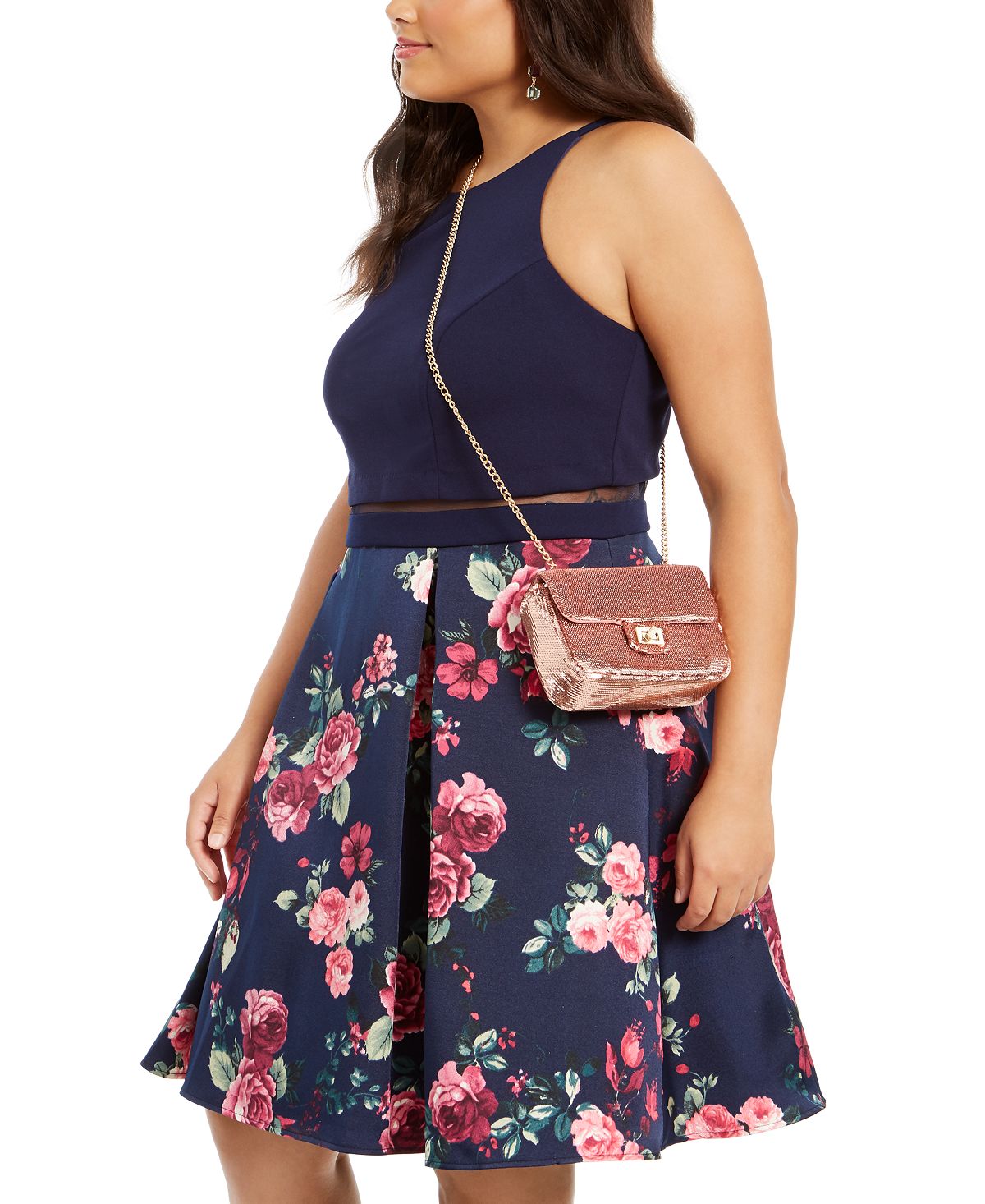 B Darlin Women's Floral Sleeveless Jewel Neck Above the Knee Fit Flare Party Dress Blue Size 14