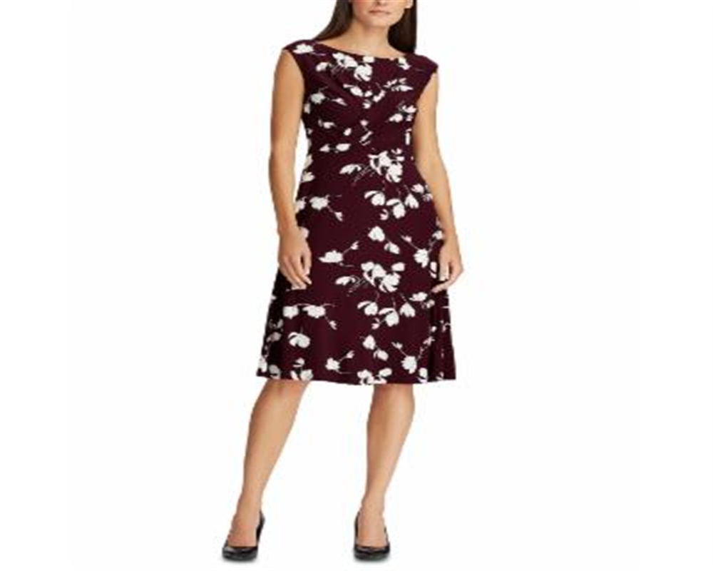 Ralph Lauren Women's Floral Sleeveless Jewel Neck Knee Length Sheath Dress Wine Size 2 Petite
