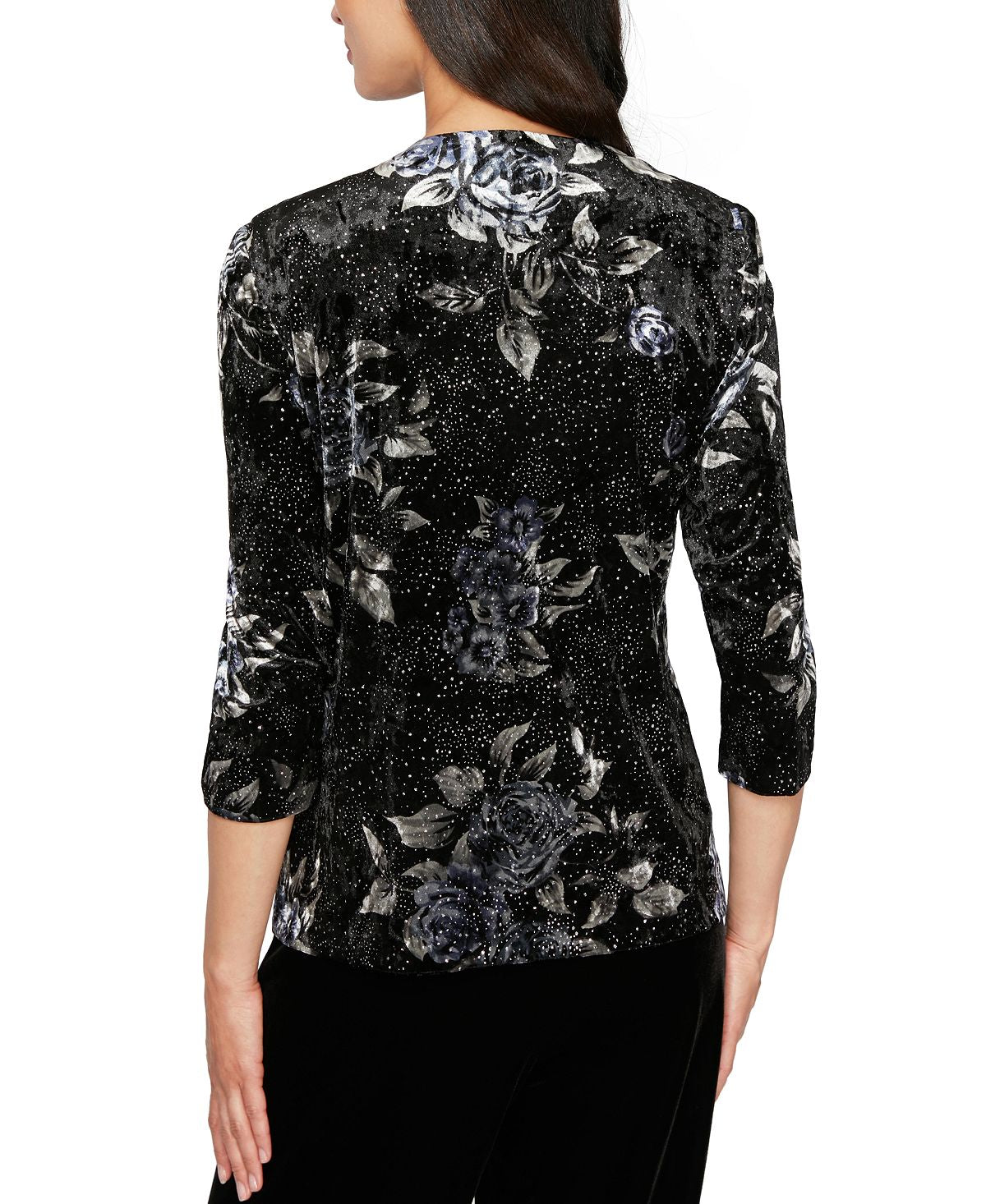 Alex Evenings Women's Textured Printed Long Sleeve Crew Neck Evening Top Black Size Petite X-Large