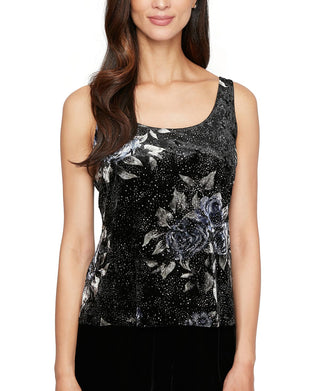 Alex Evenings Women's Textured Printed Long Sleeve Crew Neck Evening Top Black Size Petite X-Large