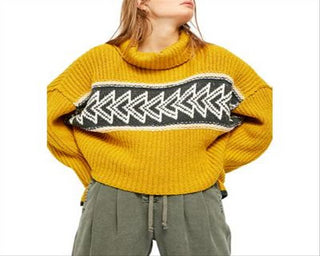 Free People Women's Greater Than Ribbed Knit Cowl Neck Pullover Sweater Yellow Size M