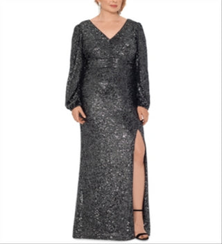 XSCAPE Women's Long Sleeve V Neck Full Length Evening Sheath Dress Black Size 14W