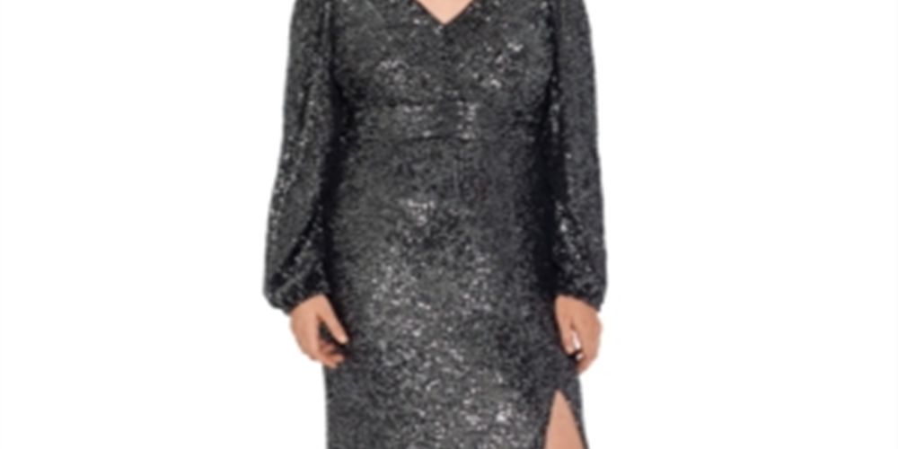 XSCAPE Women's Long Sleeve V Neck Full Length Evening Sheath Dress Black Size 14W