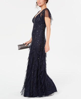 Adrianna Papell Women's Short Sleeve Full Length Sheath Evening Dress Blue Size 2