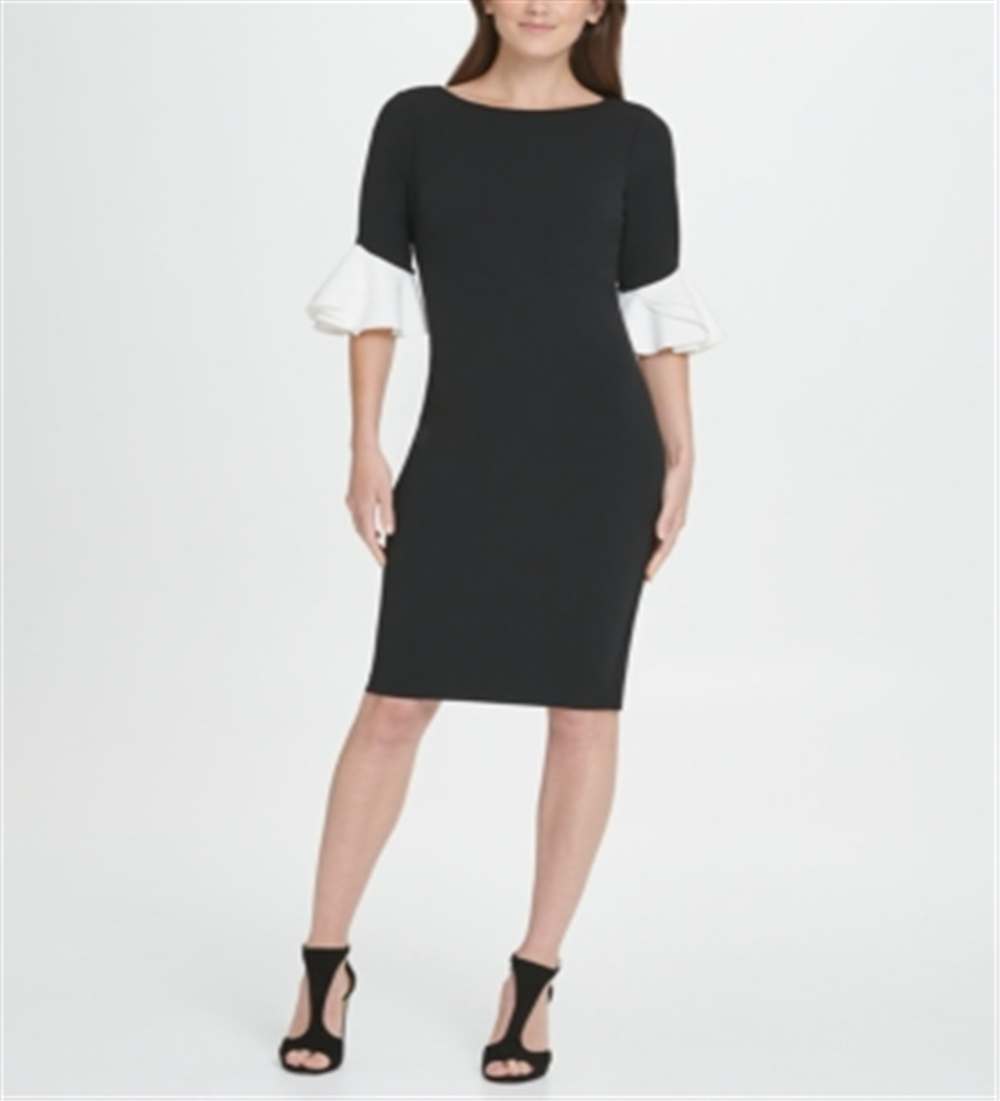 DKNY Women's Bell Sleeve Jewel Neck Below the Knee Body Con Formal Dress Black Size 16