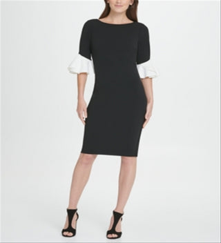 DKNY Women's Bell Sleeve Jewel Neck Below the Knee Body Con Formal Dress Black Size 16