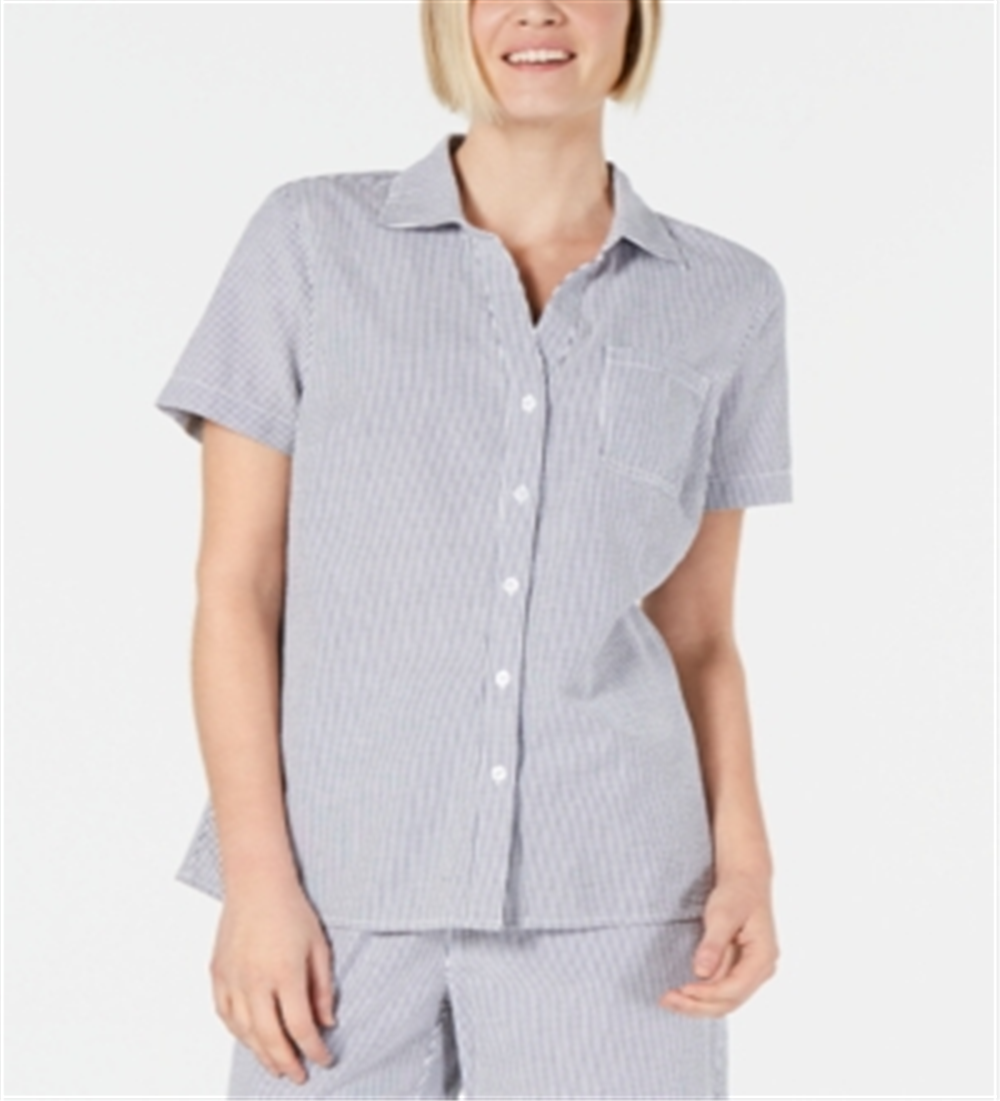 Karen Scott Women's Cotton Seersucker Shirt Blue Size XX-Large