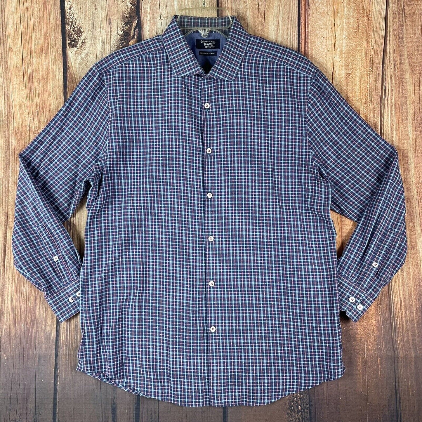 Penguin Men's Munsingwer Stretch Heritage Slim Fit Button up Shirt Blue Size 16.5X32-33