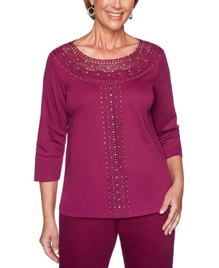 Alfred Dunner Women's Tunics Lace Yoke Three Quarter Sleeve Top Wine Size Petite M
