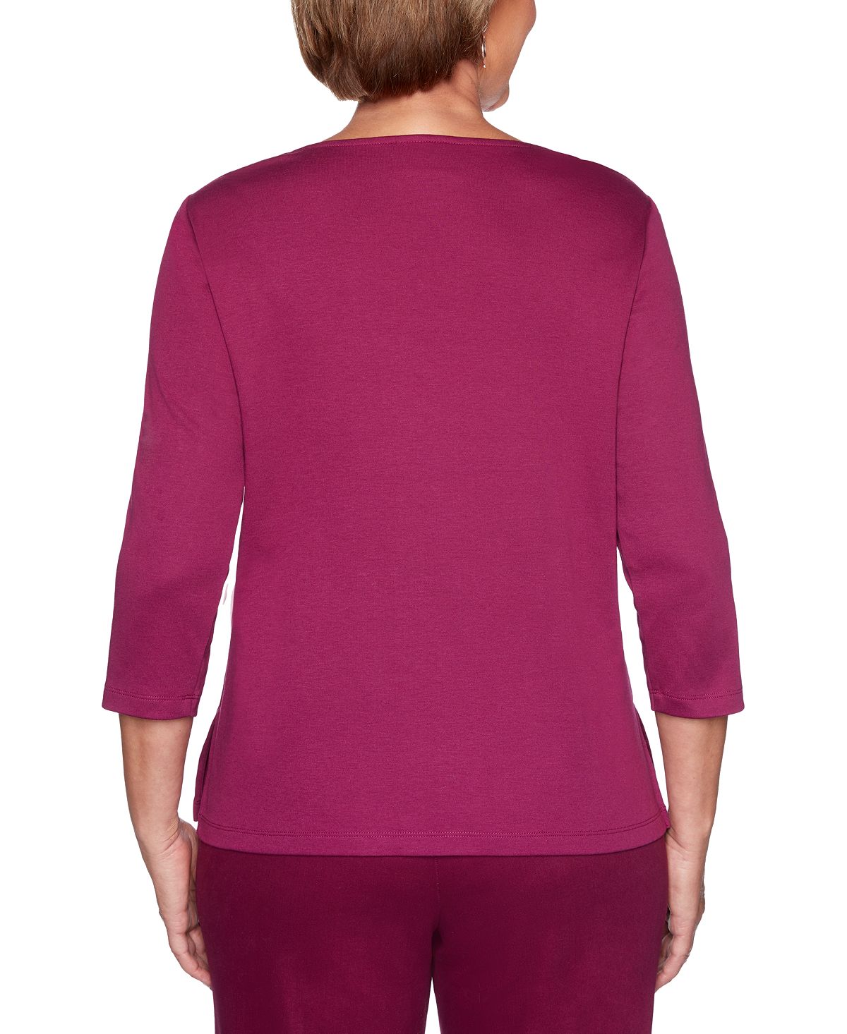 Alfred Dunner Women's Tunics Lace Yoke Three Quarter Sleeve Top Wine Size Petite M