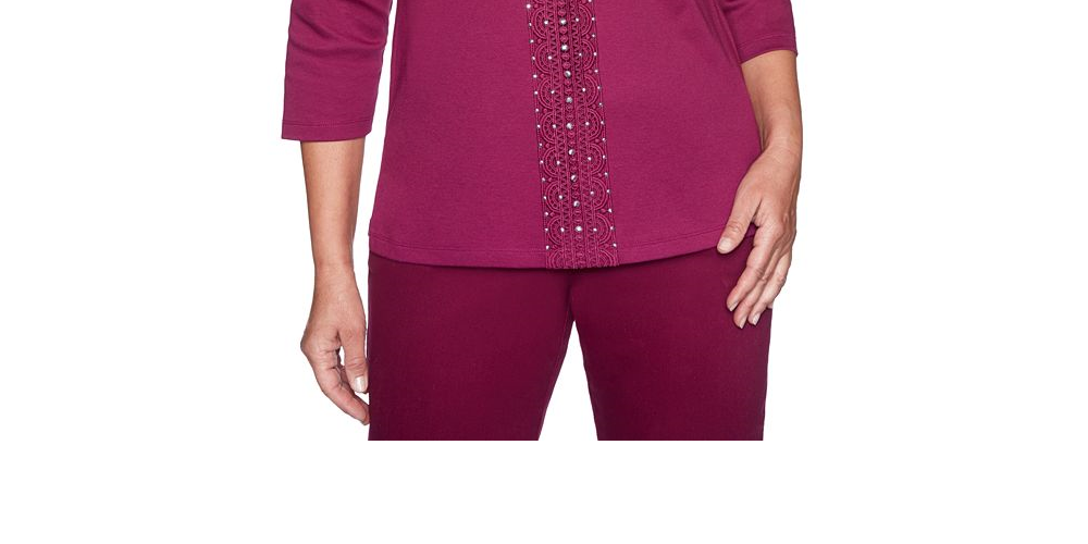 Alfred Dunner Women's Tunics Lace Yoke Three Quarter Sleeve Top Wine Size Petite M