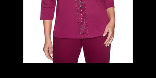 Alfred Dunner Women's Tunics Lace Yoke Three Quarter Sleeve Top Wine Size Petite M