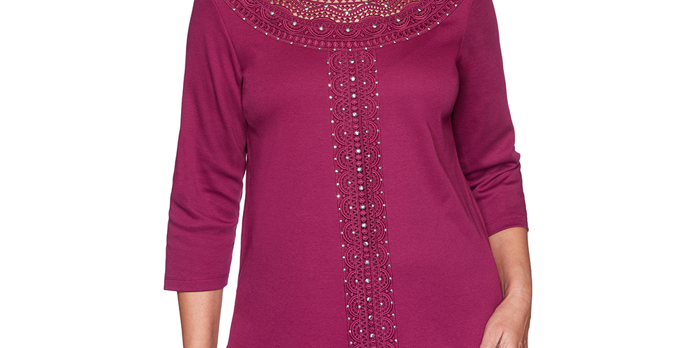 Alfred Dunner Women's Tunics Lace Yoke Three Quarter Sleeve Top Wine Size Petite M