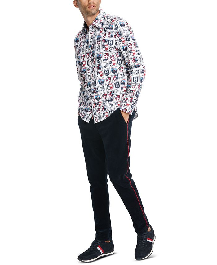 Tommy Hilfiger Men's Button Down Print Custom Fit Shirt White Size Small