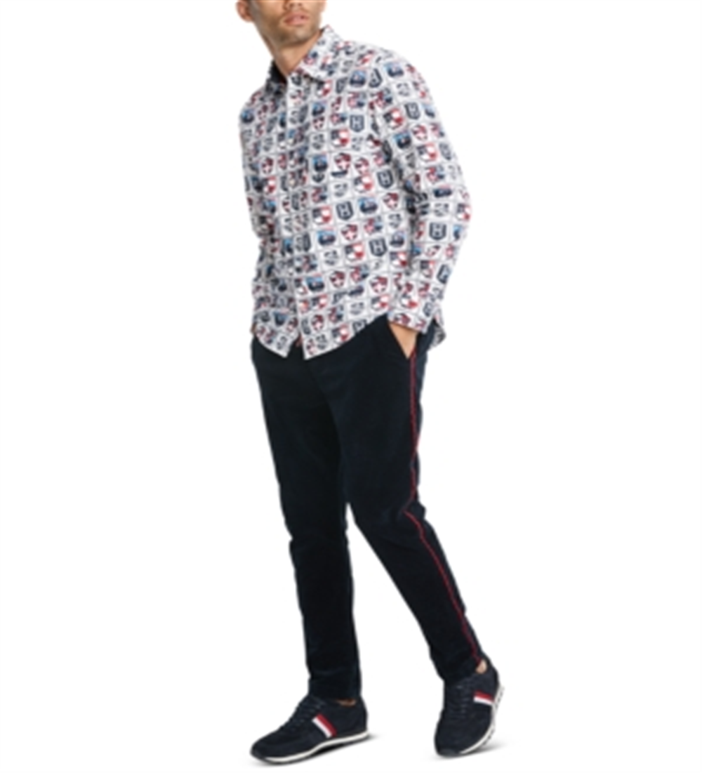 Tommy Hilfiger Men's Button Down Print Custom Fit Shirt White Size Small