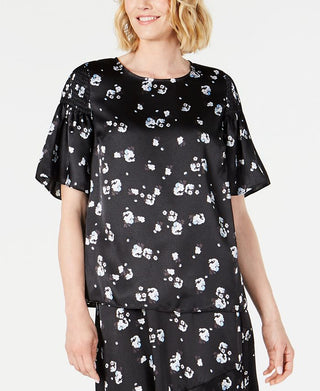 Alfani Women's Floral Print Satin Smocked Shoulder Top Black Size XX-Large