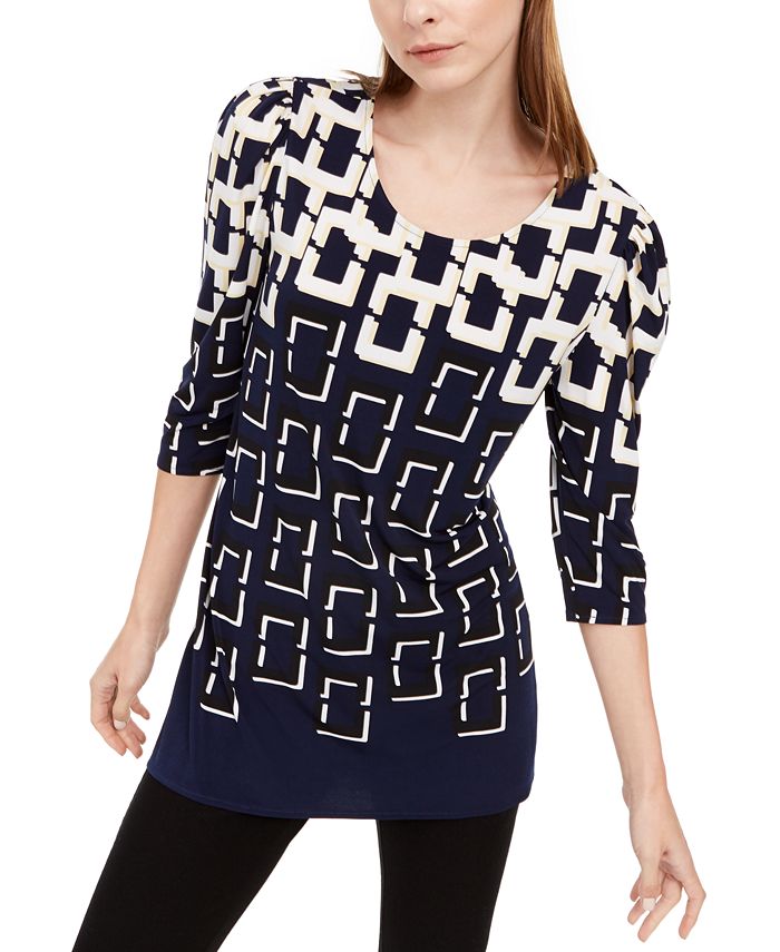 Alfani Women's Patterned 3/4 Sleeve Scoop Neck Top Blue Size Petite X-Large