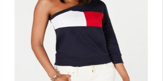 Tommy Hilfiger Women's One Shoulder Colorblocked Sweatshirt Blue Size Medium
