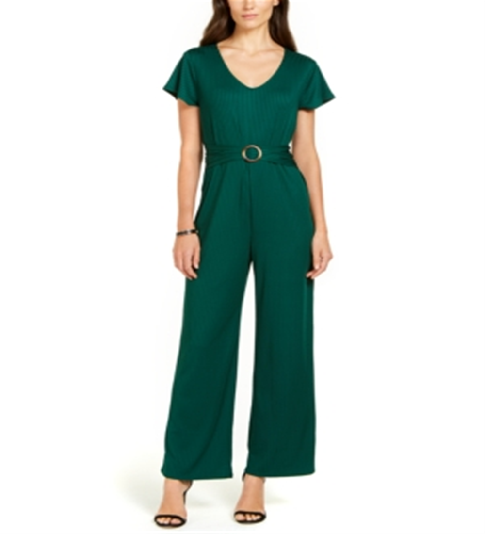 NY Collection Women's Belted Jumpsuit Green Size Petite X-Large