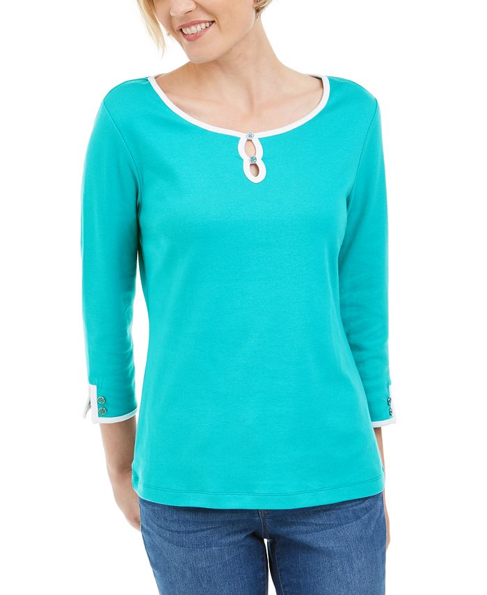 Karen Scott Women's Contrast Trim Cotton Top Blue Size Small
