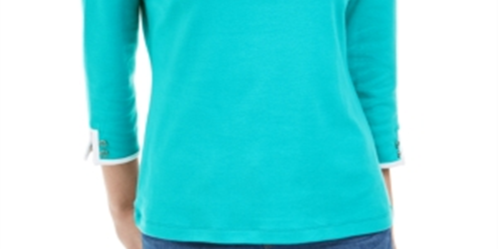 Karen Scott Women's Contrast Trim Cotton Top Blue Size Small