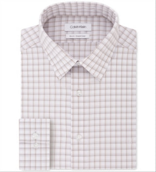 Calvin Klein Men's Slim Fit Stretch Collar Check Dress Shirt Beige Size 16X34-35