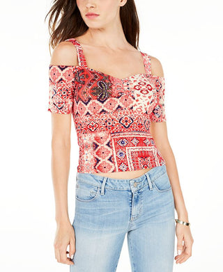 Guess Women's Ruched Front Open Shoulder Jada Crop Top Black Size Medium