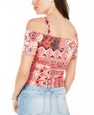 Guess Women's Ruched Front Open Shoulder Jada Crop Top Black Size Medium