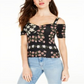 Guess Women's Ruched Front Open Shoulder Jada Crop Top Black Size Medium