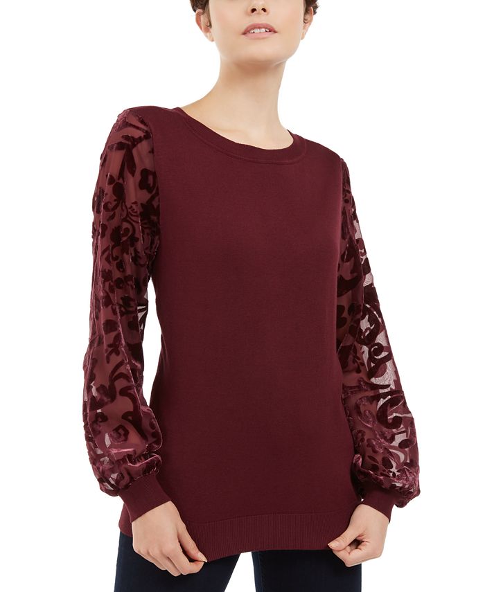 INC International Concepts Women's Velvet Burnout Sleeve Sweater Red Size X-Small