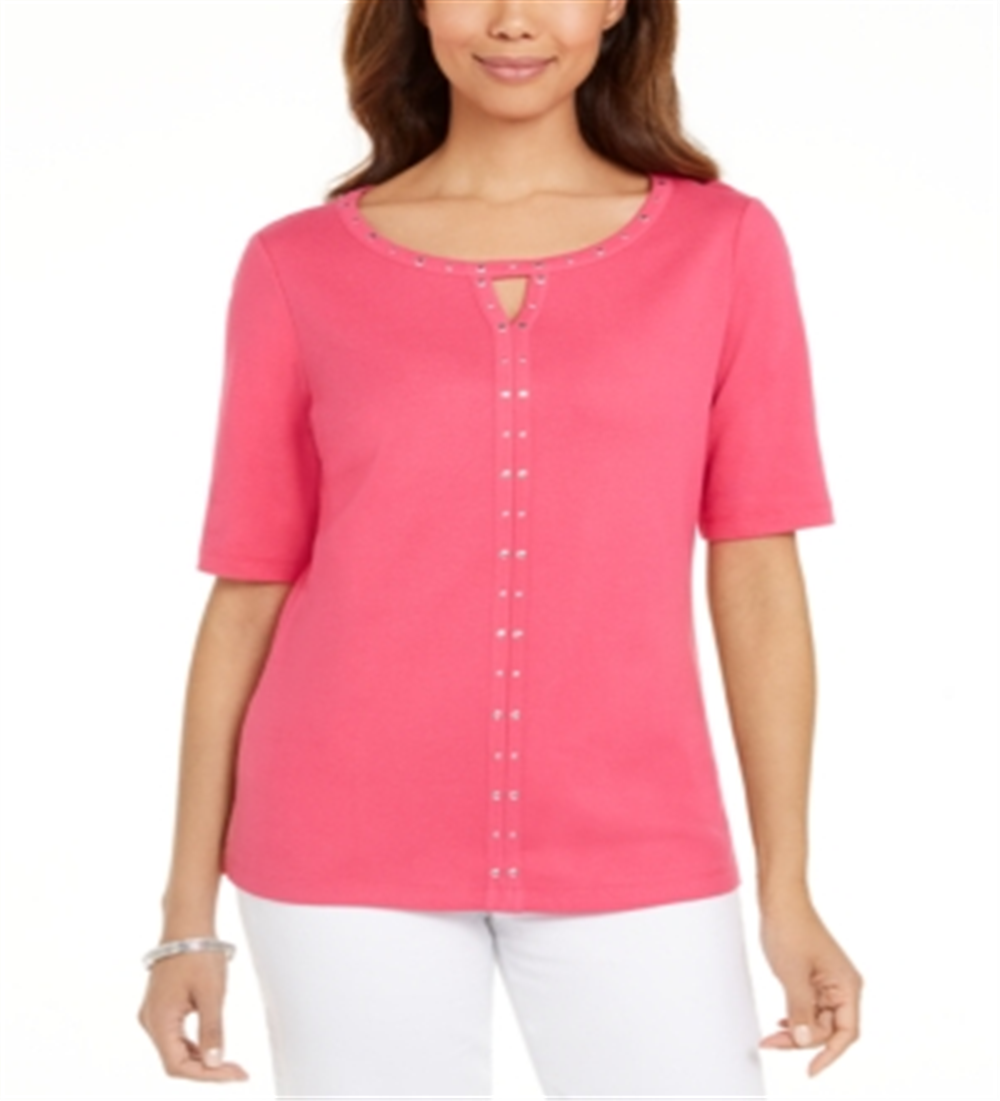 Karen Scott Women's Cotton Keyhole Studded Top Pink Size Small