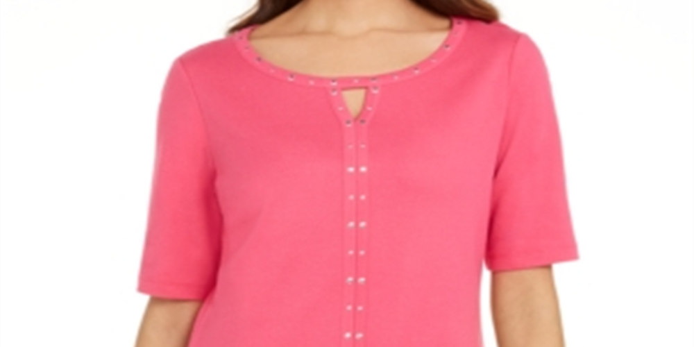 Karen Scott Women's Cotton Keyhole Studded Top Pink Size Small