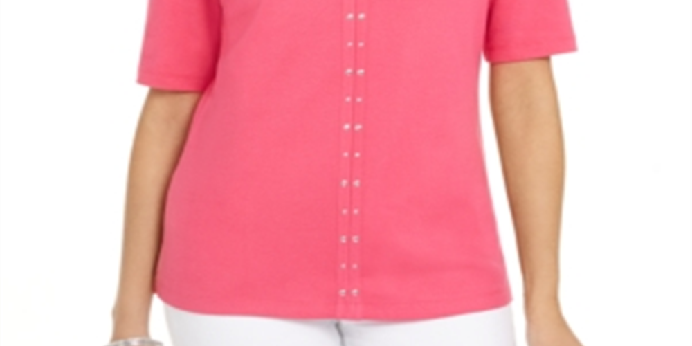 Karen Scott Women's Cotton Keyhole Studded Top Pink Size Small