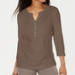 Karen Scott Women's Eyelet Front Cotton Henley Top Brown Size Petite Small