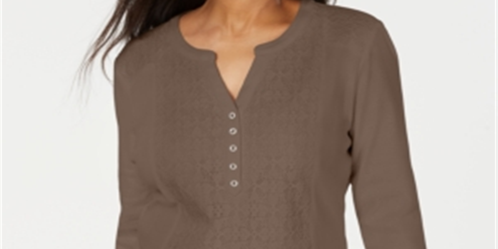 Karen Scott Women's Eyelet Front Cotton Henley Top Brown Size Petite Small