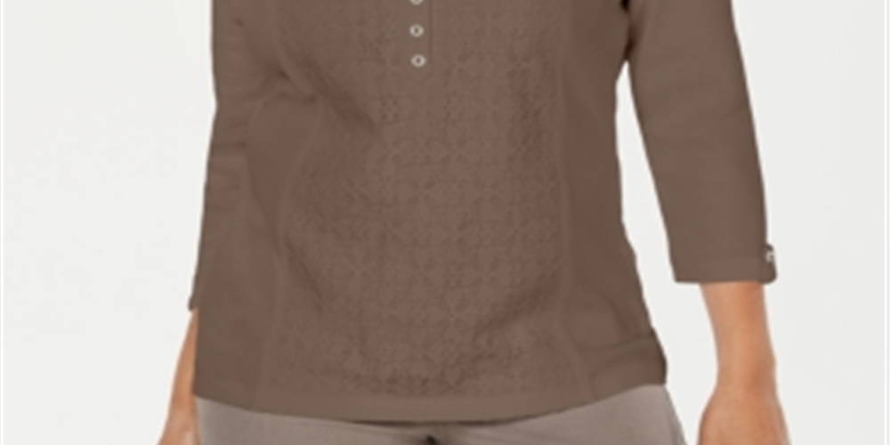Karen Scott Women's Eyelet Front Cotton Henley Top Brown Size Petite Small