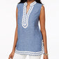 Charter Club Women's Embroidered Linen Tunic Blue Size Petite Small