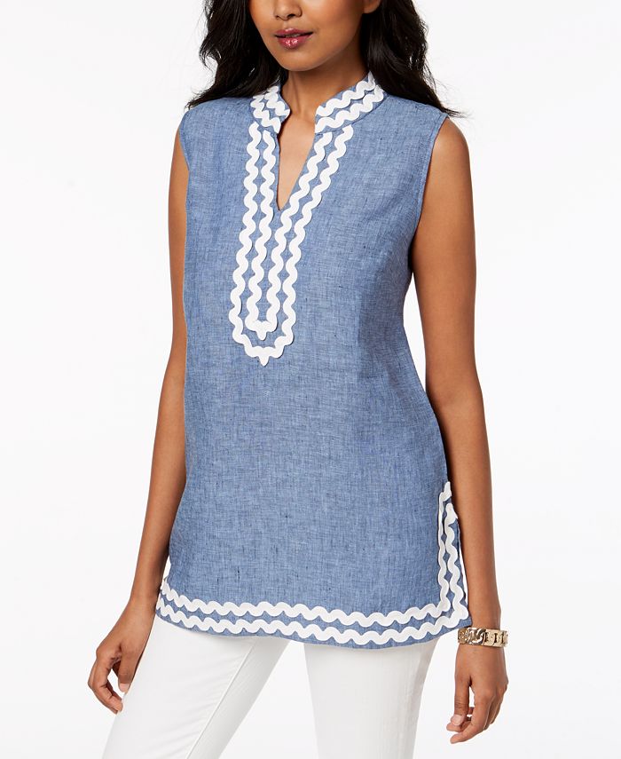 Charter Club Women's Embroidered Linen Tunic Blue Size Petite Small