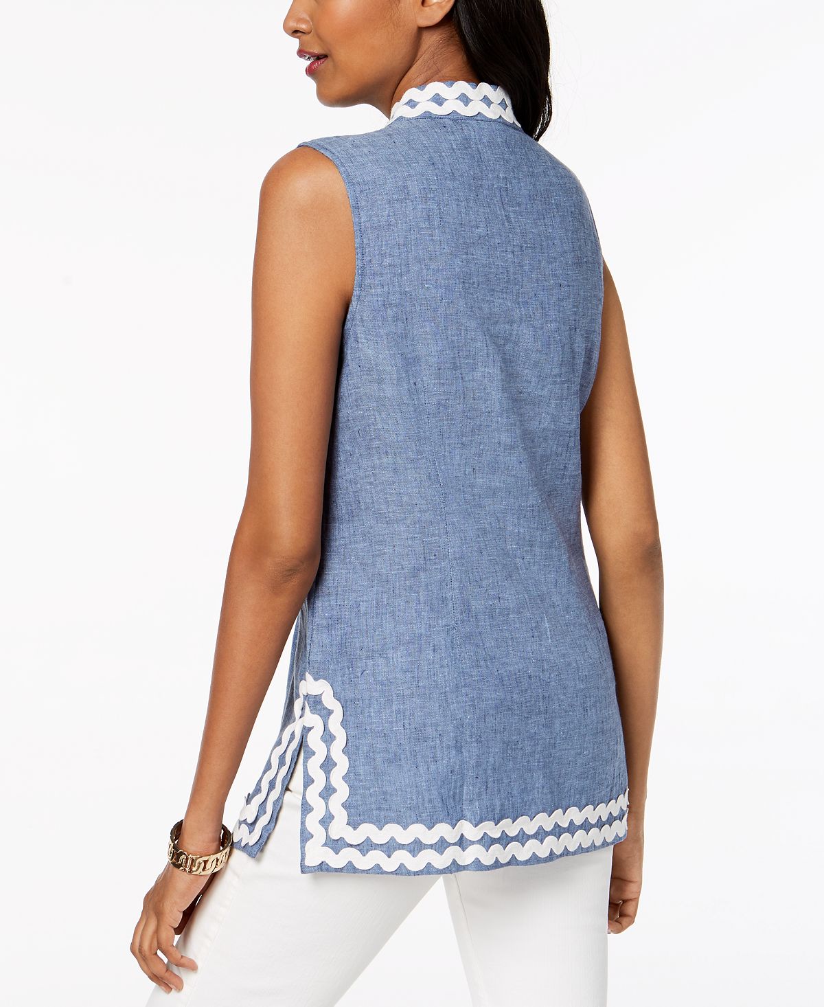 Charter Club Women's Embroidered Linen Tunic Blue Size Petite Small