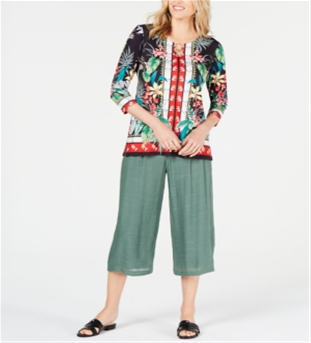 JM Collection Women's Ring Trim Printed Tunic Green Size Petite Small