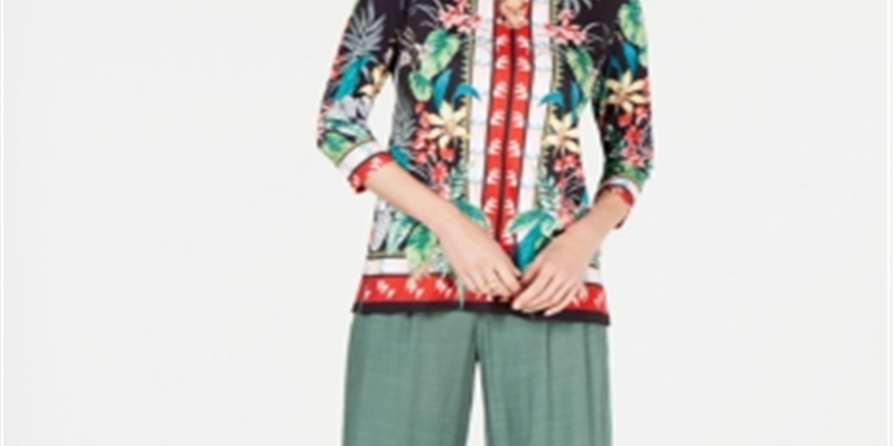 JM Collection Women's Ring Trim Printed Tunic Green Size Petite Small
