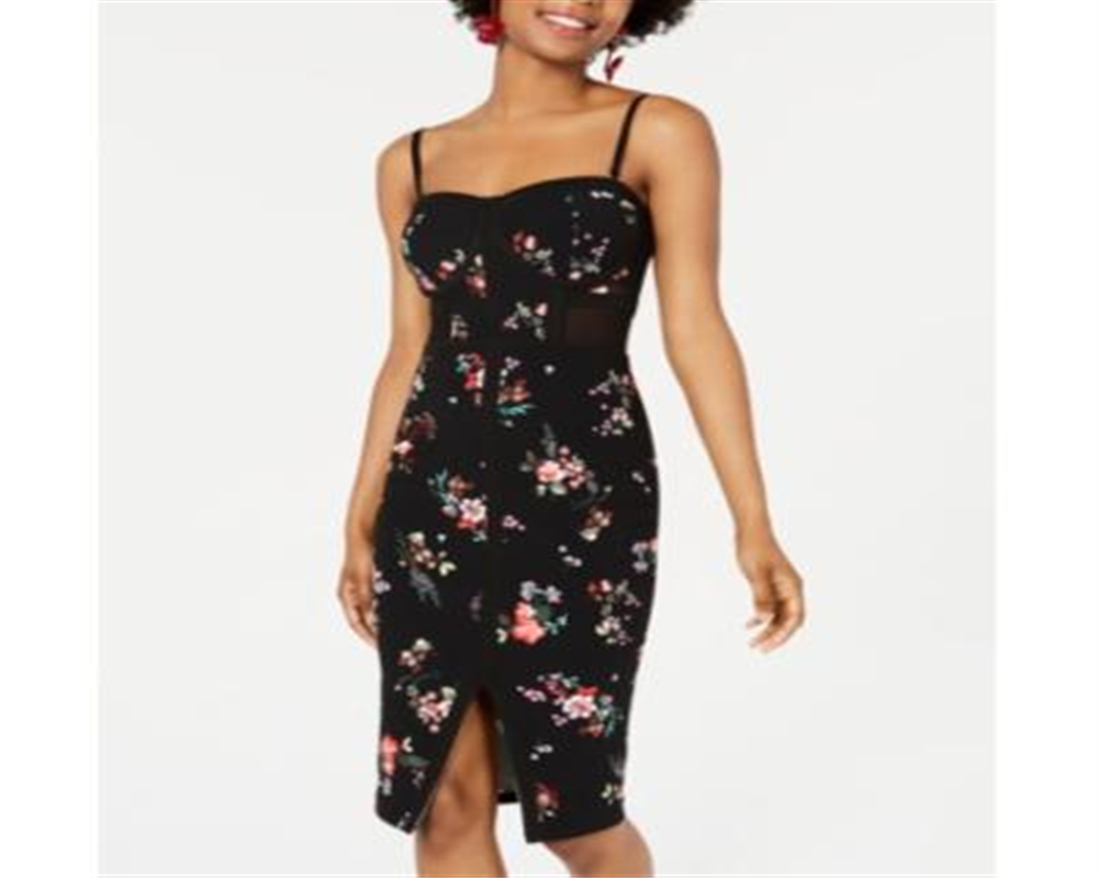 Material Girl Junior's Printed Illusion Bodycon Dress Black Size Medium