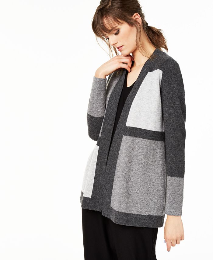 Charter Club Women's Colorblocked Pure Cashmere Cardigan Gray Size -Petite SM