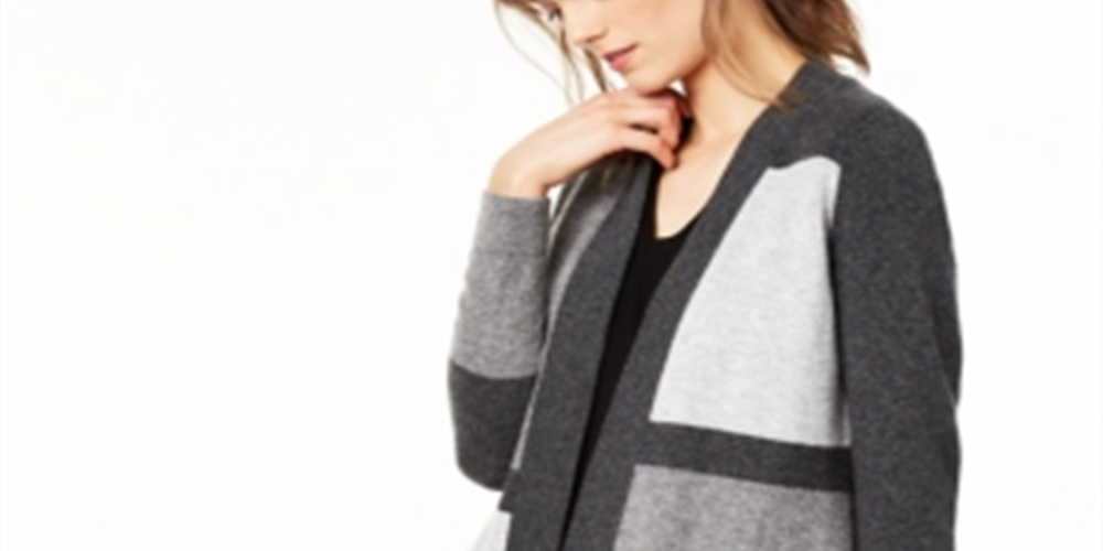 Charter Club Women's Colorblocked Pure Cashmere Cardigan Gray Size -Petite SM