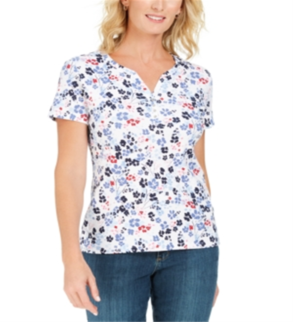 Karen Scott Women's Printed Henley Top Blue-Size Small