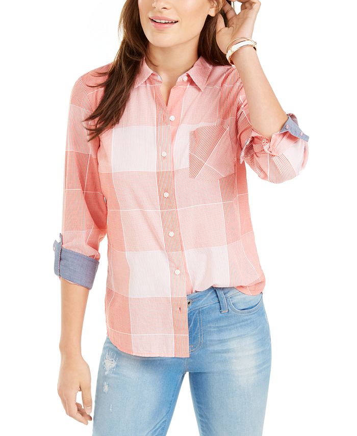 Tommy Hilfiger Women's Coral Plaid Long Sleeve Button up Top Orange Size Medium