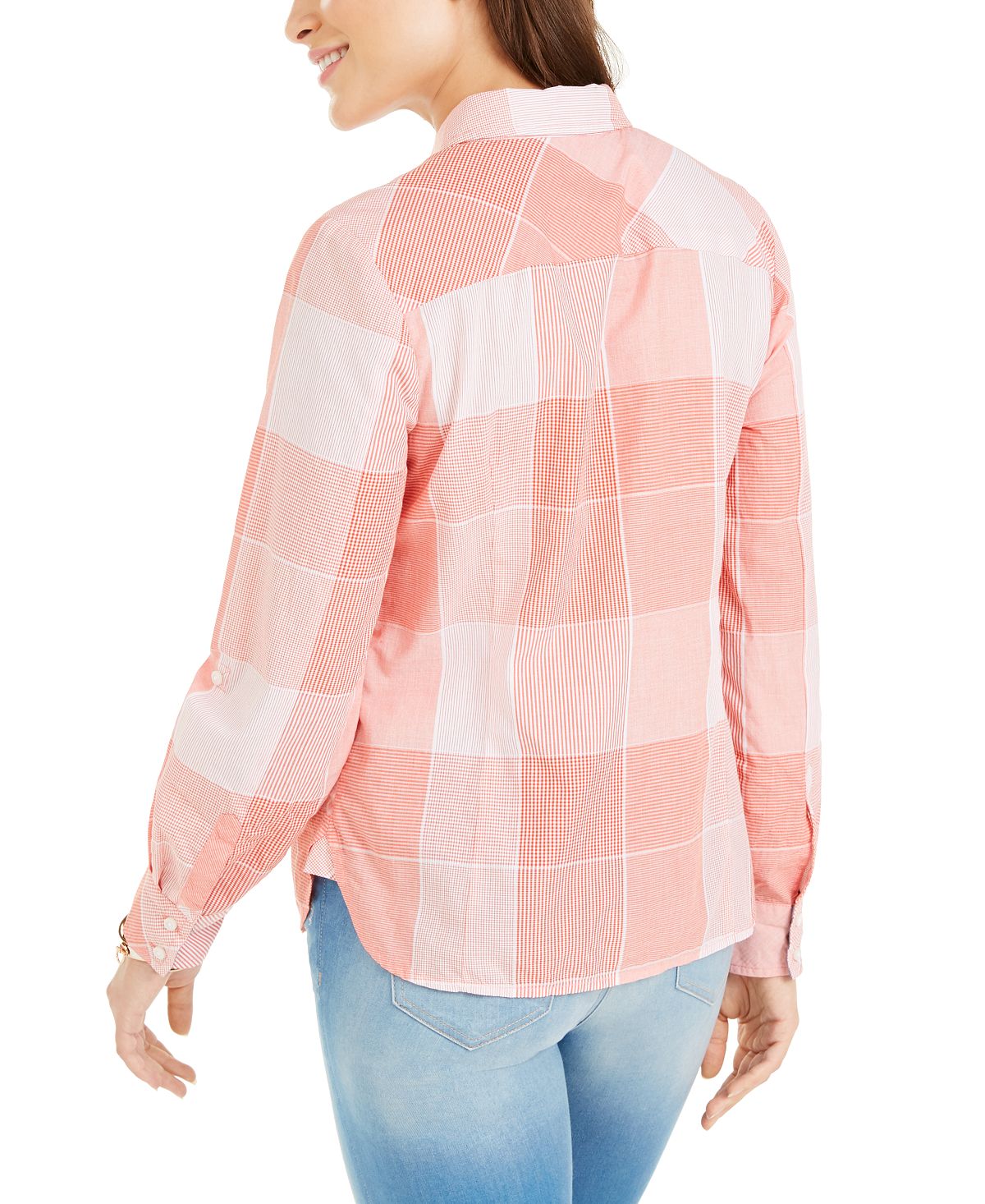 Tommy Hilfiger Women's Coral Plaid Long Sleeve Button up Top Orange Size Medium