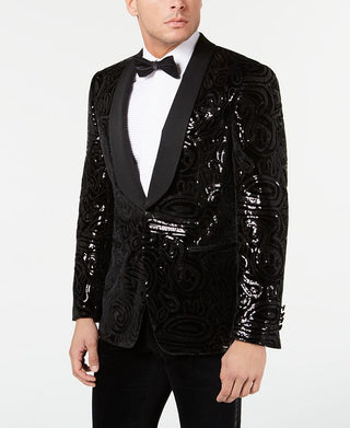 Tallia Men's Slim Fit Sequined Velvet Dinner Jacket Black Size 42